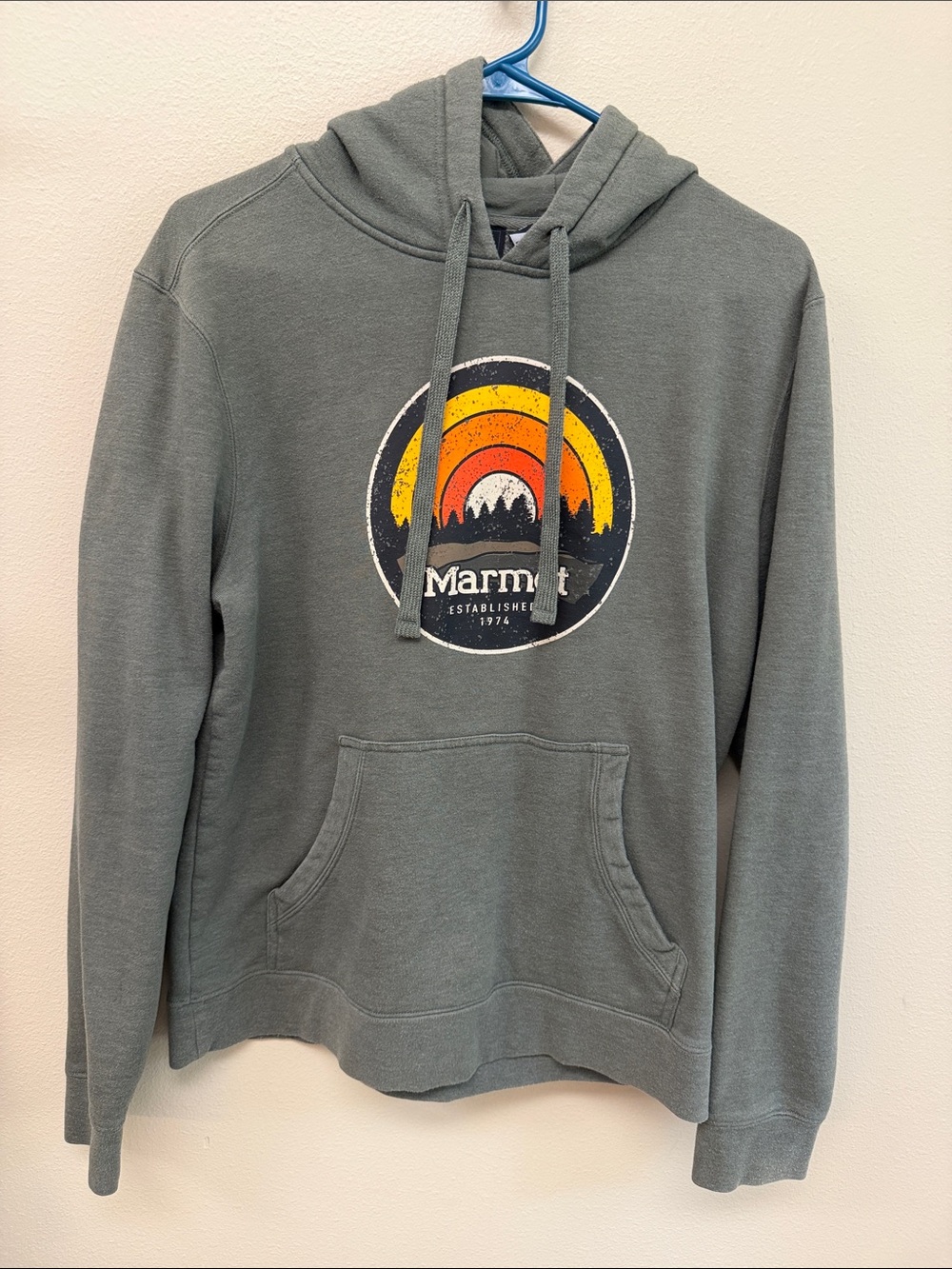 Marmot Olive Green Hoodie with Retro Sunset Graphic